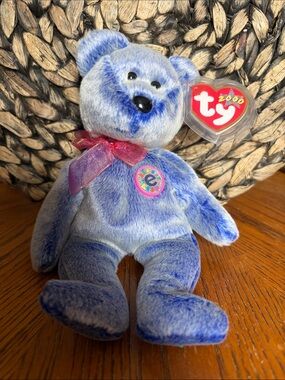 Ty Periwinkle Blue Plush Bear with Pink Ribbon Collectible